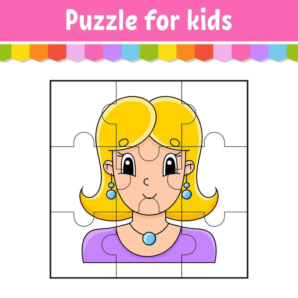 puzzel spel voor kinderen. decoupeerzaag stukken. kleur werkblad. werkzaamheid bladzijde. tekenfilm stijl. vector illustratie.