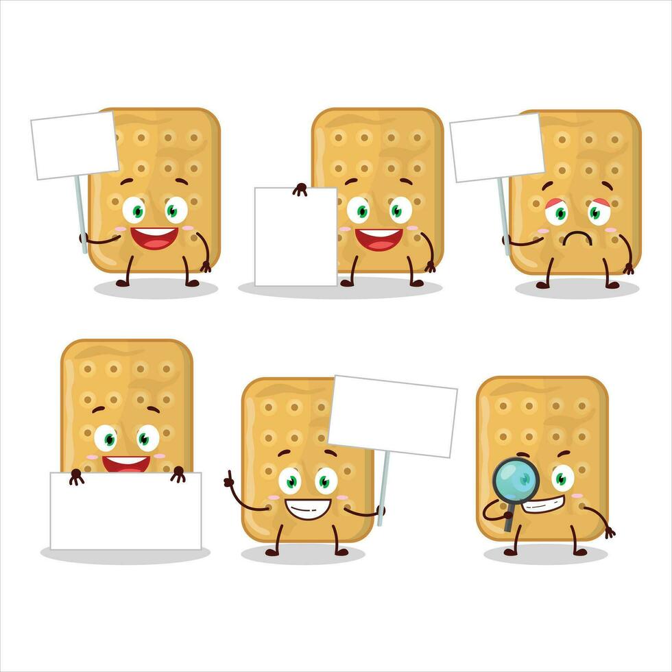 biscuit tekenfilm karakter in brengen informatie bord vector