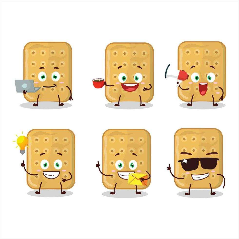 biscuit tekenfilm karakter met divers types van bedrijf emoticons vector