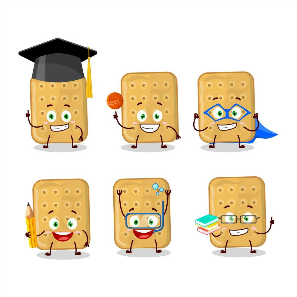 school- leerling van biscuit tekenfilm karakter met divers uitdrukkingen vector