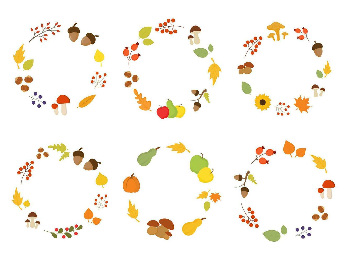 verzameling van vector herfst kaders met bladeren, bessen, champignons en hand- getrokken schoonschrift belettering. vallen decoraties set. voor kaarten, geschenk labels, etiketten, stickers.