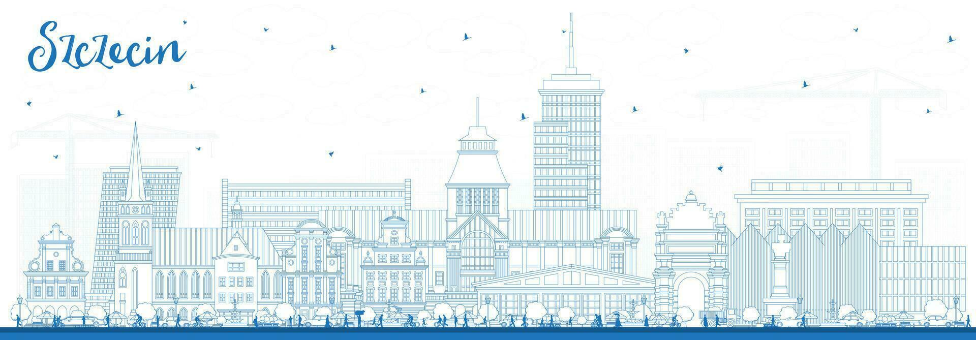 schets szczecin Polen stad horizon met blauw gebouwen. szczecin stadsgezicht met oriëntatiepunten. bedrijf reizen en toerisme concept met modern en historisch architectuur. vector