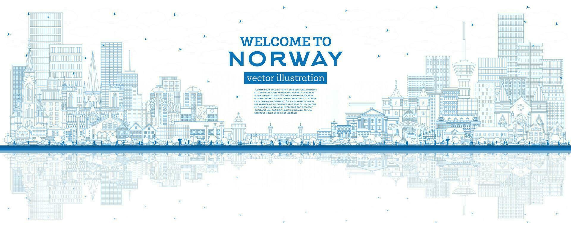 schets Noorwegen stad horizon met blauw gebouwen en reflecties. concept met historisch, modern architectuur. Noorwegen stadsgezicht met oriëntatiepunten. Oslo. stavanger. trondheim. bergen. vector