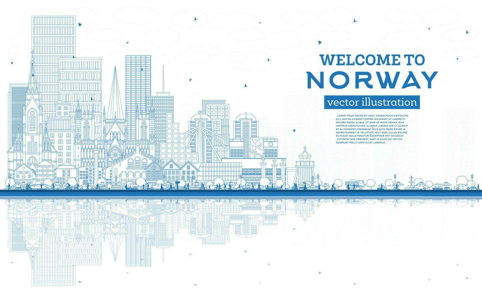 schets Noorwegen stad horizon met blauw gebouwen en reflecties. concept met historisch, modern architectuur. Noorwegen stadsgezicht met oriëntatiepunten. Oslo. stavanger. trondheim. bergen. vector