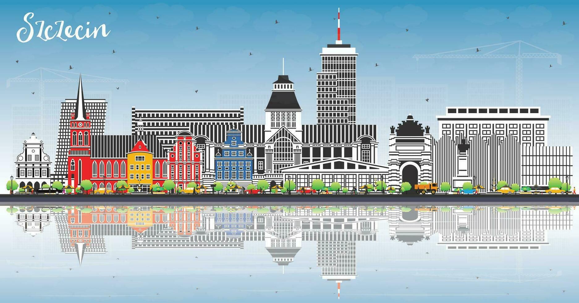 szczecin Polen stad horizon met kleur gebouwen, blauw lucht en reflecties. szczecin stadsgezicht met oriëntatiepunten. bedrijf reizen en toerisme concept met historisch architectuur. vector