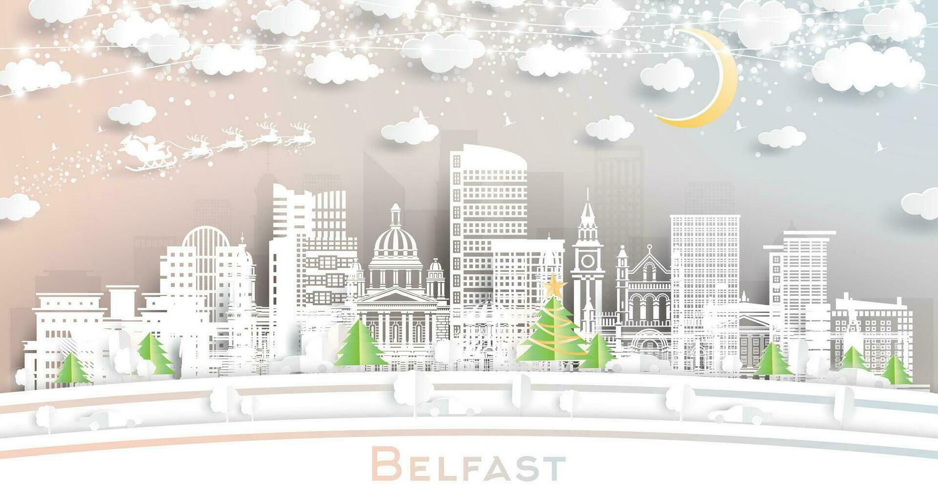 Belfast noordelijk Ierland. winter stad horizon in papier besnoeiing stijl met sneeuwvlokken, maan en neon guirlande. kerstmis, nieuw jaar concept. Belfast stadsgezicht met oriëntatiepunten. vector