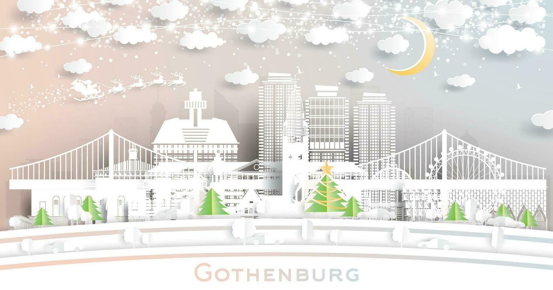 Göteborg Zweden. winter stad horizon in papier besnoeiing stijl met sneeuwvlokken, maan en neon guirlande. kerstmis, nieuw jaar concept. Göteborg stadsgezicht met oriëntatiepunten. vector