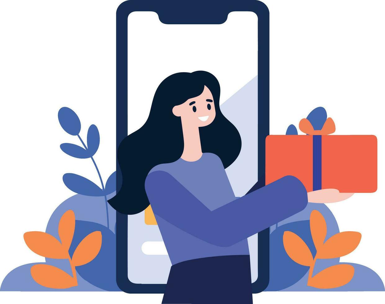 hand- getrokken vrouw karakter Holding een geschenk met smartphone in online boodschappen doen concept in vlak stijl vector