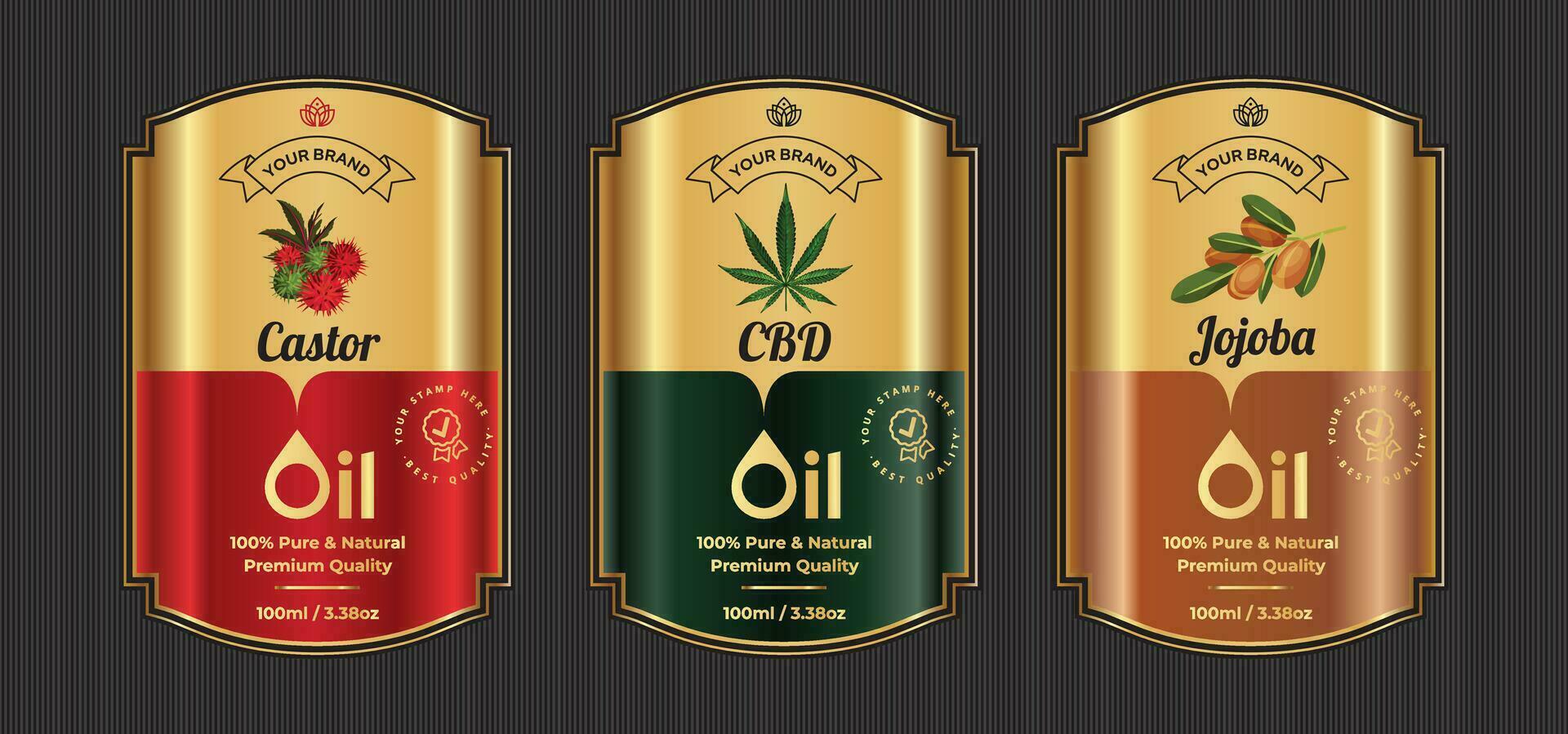 castor cbd en jojoba olie etiket ontwerp stijl wijnoogst goud premie etiketten vector