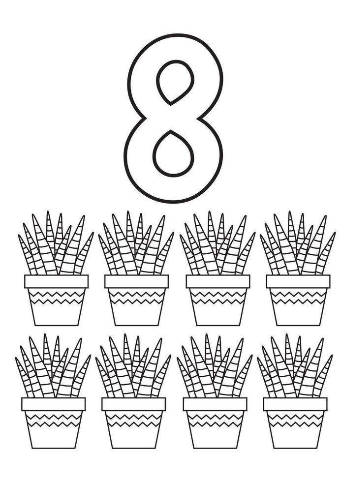 acht cactussen voorschoolse educatie afdrukbare nummers kleurplaten vector