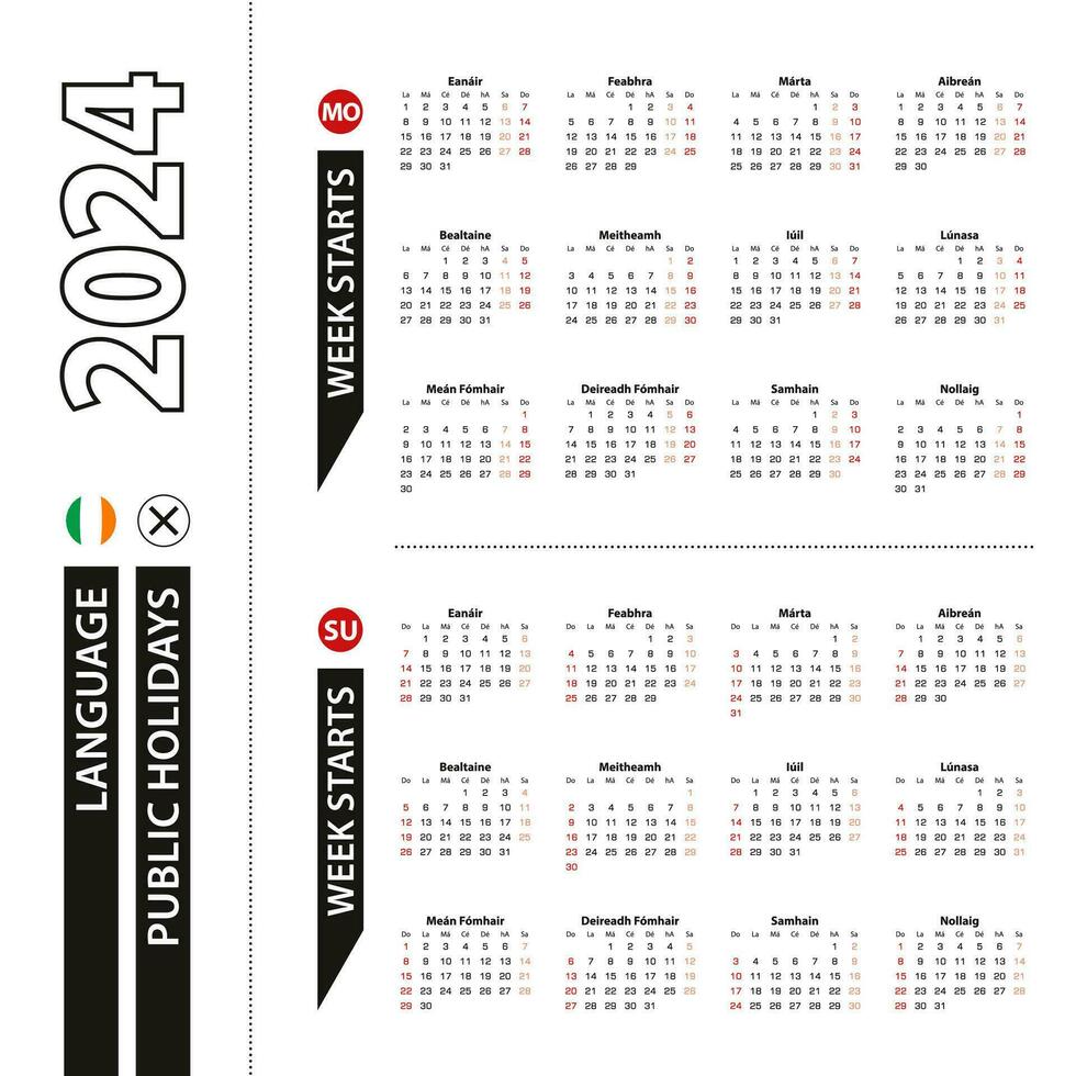 twee versies van 2024 kalender in Iers, week begint van maandag en week begint van zondag. vector