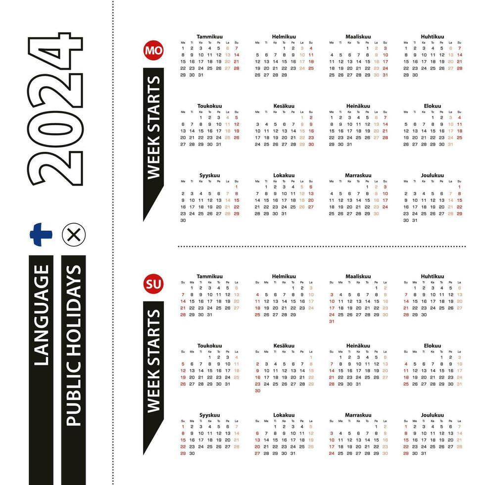 twee versies van 2024 kalender in Fins, week begint van maandag en week begint van zondag. vector