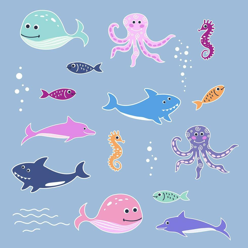 reeks met zwemmen vis, walvissen, haaien, octopussen en zeepaardjes. vector