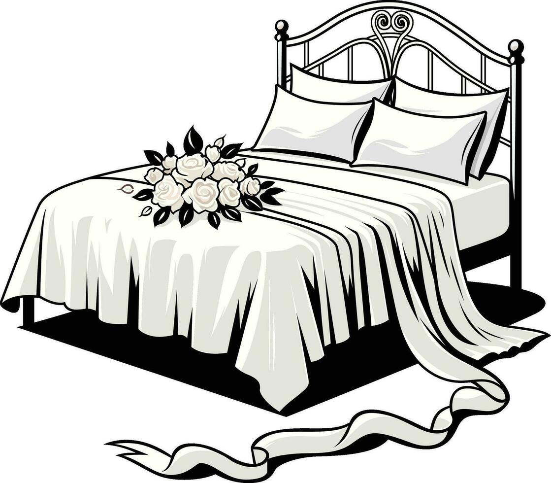 bruiloft bed met een zijdezacht wit vel en satijn linten, vector illustratie, huwelijksreis bed in wit thema met bloem boeketten Aan het, voorraad vector beeld