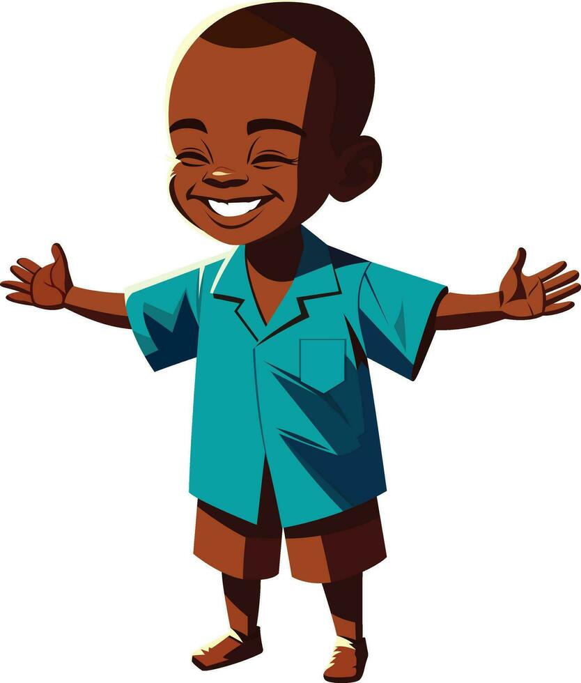 Afrikaanse kind, met een breed, blij glimlach, staand met armen uitgestrekt net zo als omarmen vector illustratie, Afrikaanse zwart kind uitgestrekt armen glimlachen voorraad vector beeld