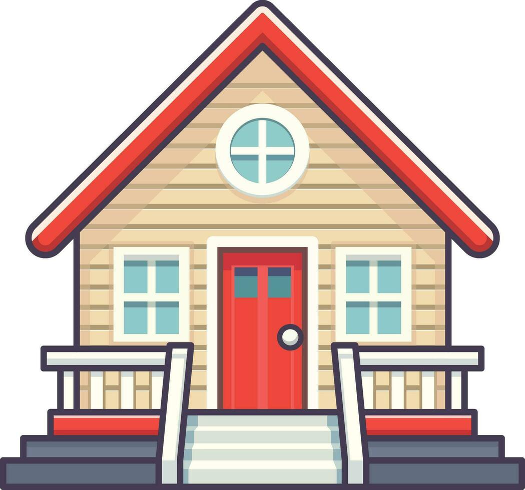 eenvoudig houten huisje vector illustratie, houten huisje huis met een hek in de omgeving van het in een rood thema voorraad vector afbeelding, dorp huis tekenfilm vector beeld