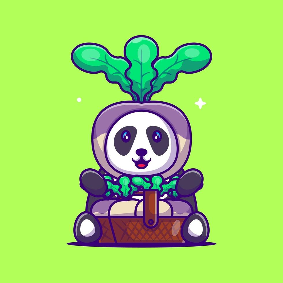 schattige cartoon vector illustraties panda met raap kostuum.