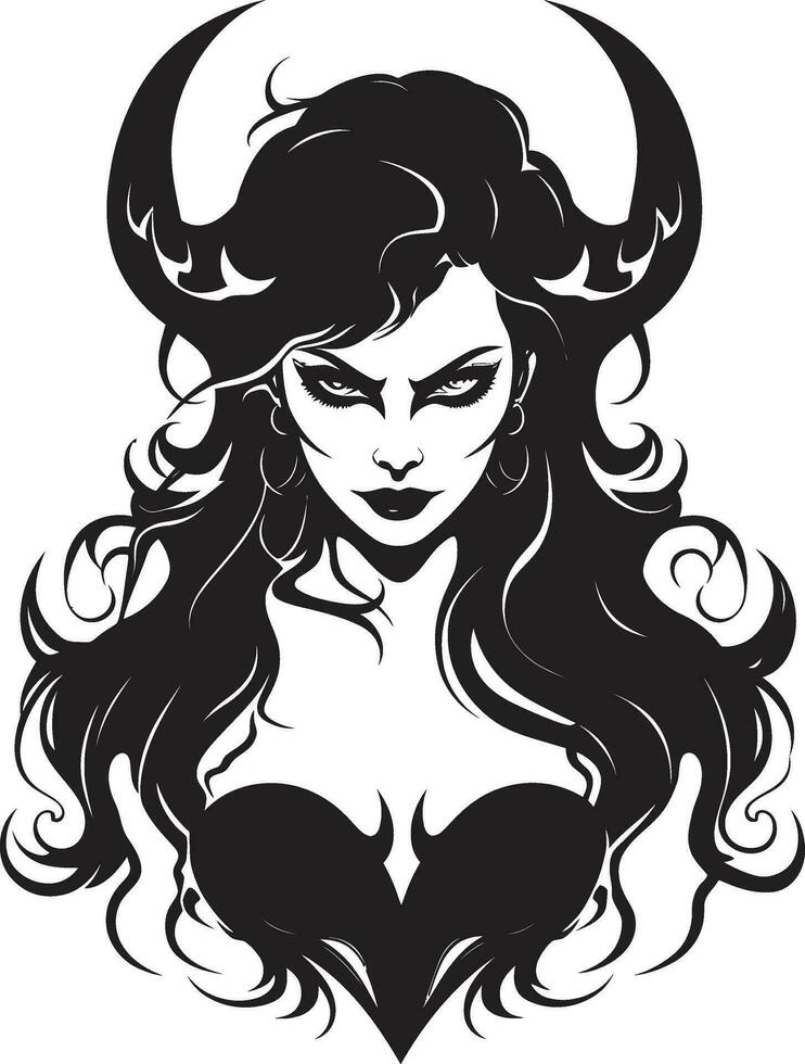 zwoel verleidster mooi vrouw demon logo meesterschap sensueel verleiding in zwart betoverend demon icoon vector