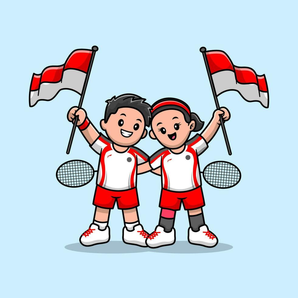 schattig speler badminton Holding Indonesië vlag tekenfilm vector icoon illustratie. mensen sport icoon concept geïsoleerd premie vector. vlak tekenfilm stijl