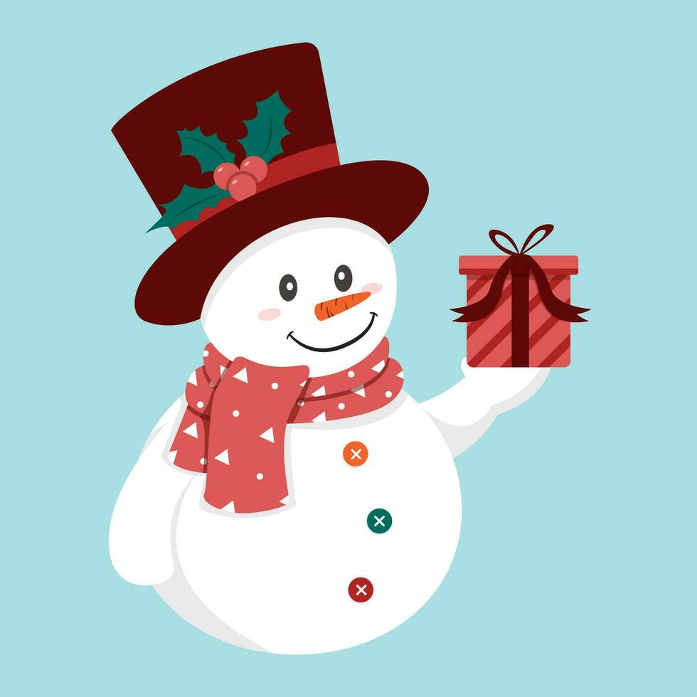 sneeuwman brengen kerstmis en nieuw jaar geschenk doos. vlak vector illustratie.