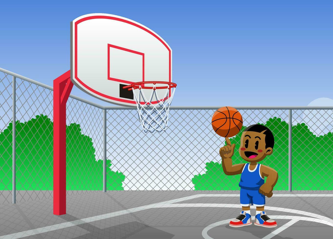 tekenfilm basketbal jongen spelen buitenshuis vector