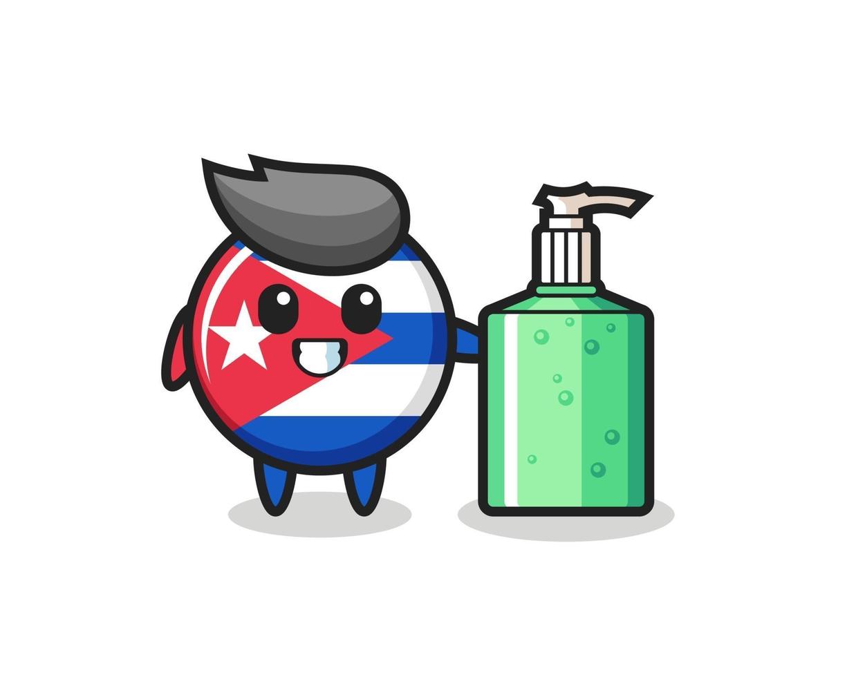 schattige Cubaanse vlag badge cartoon met handdesinfecterend middel vector