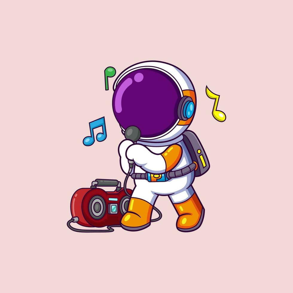 schattig astronaut luisteren muziek- en het zingen met boombox tekenfilm vector