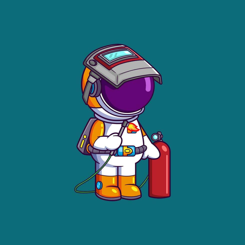 schattig astronaut een schild Aan zijn hoofd Holding een lassen machine. wetenschap technologie icoon concept vector