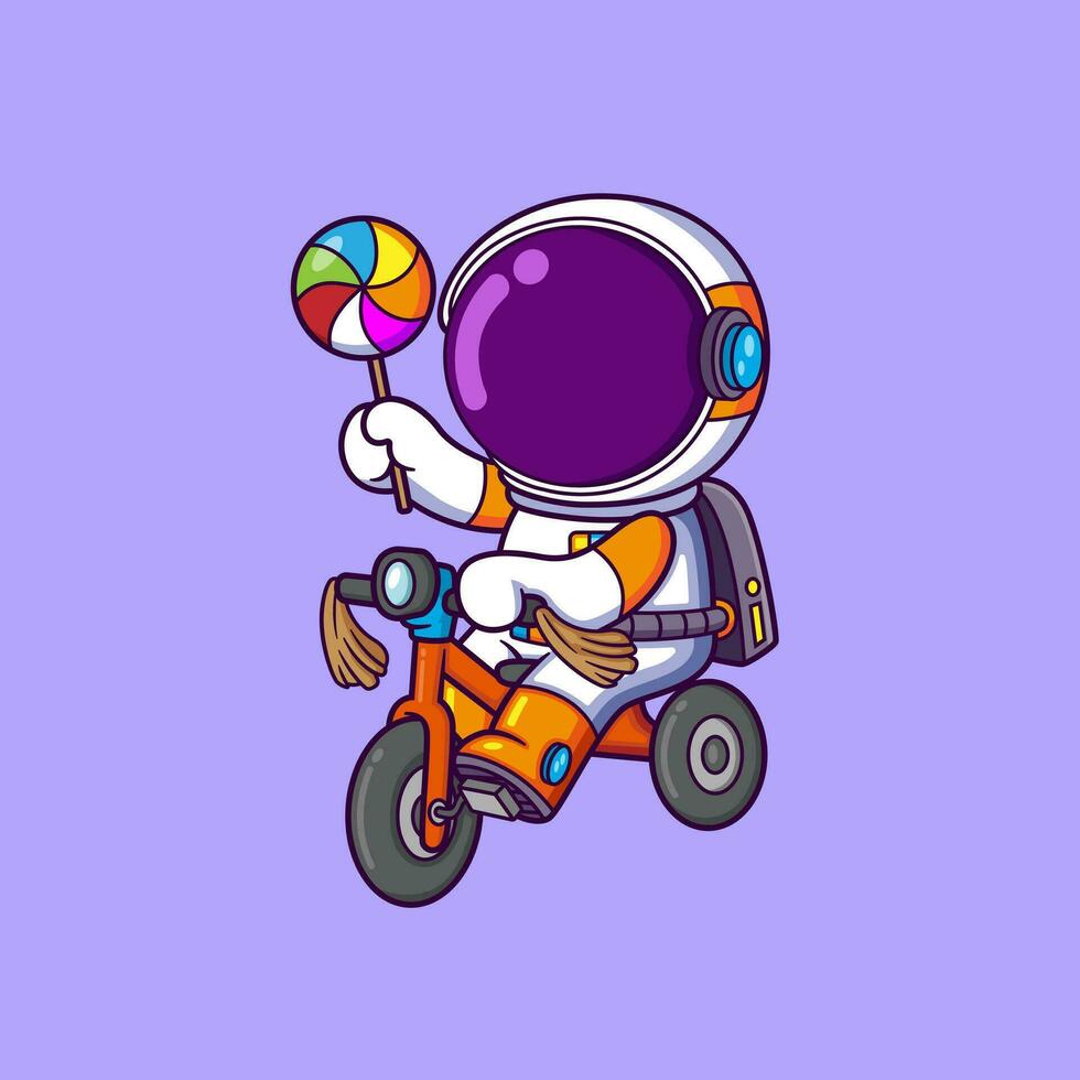astronaut tekenfilm karakter rijden fiets en Holding snoep vector