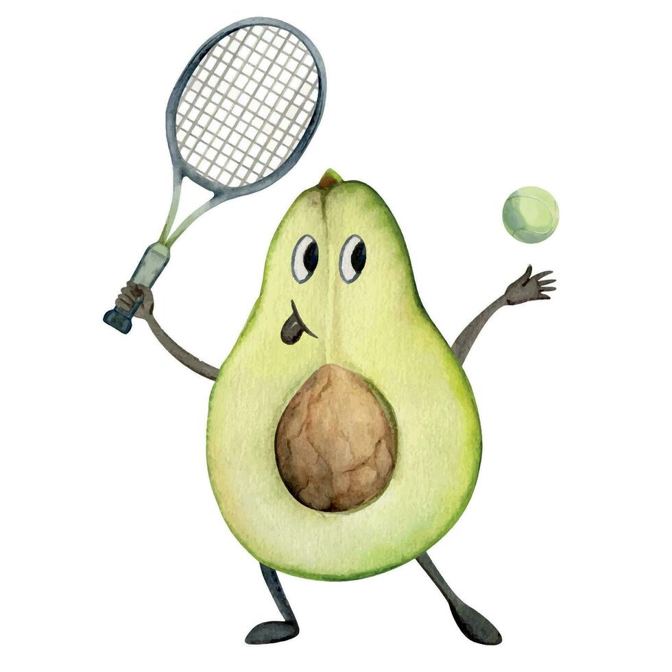 hand- getrokken waterverf schattig avocado karakter spelen tennis met racket en bal. geschiktheid Gezondheid oefening. illustratie geïsoleerd samenstelling, wit achtergrond. ontwerp poster afdrukken, website, kaart, Sportschool vector