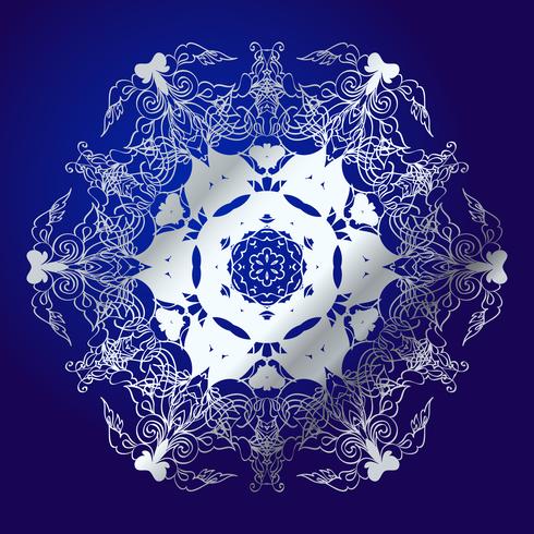 Mandala, amulet. Esoterisch zilveren symbool op een blauwe achtergrond. vector