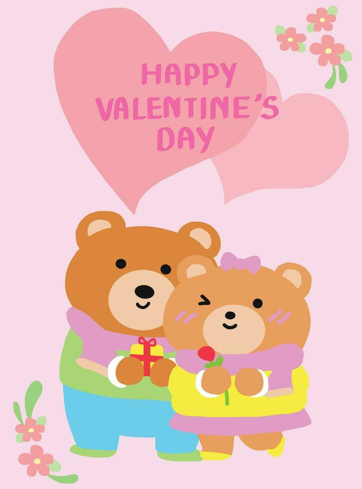 weinig paar beer gelukkig in liefde Aan Valentijnsdag dag. vector