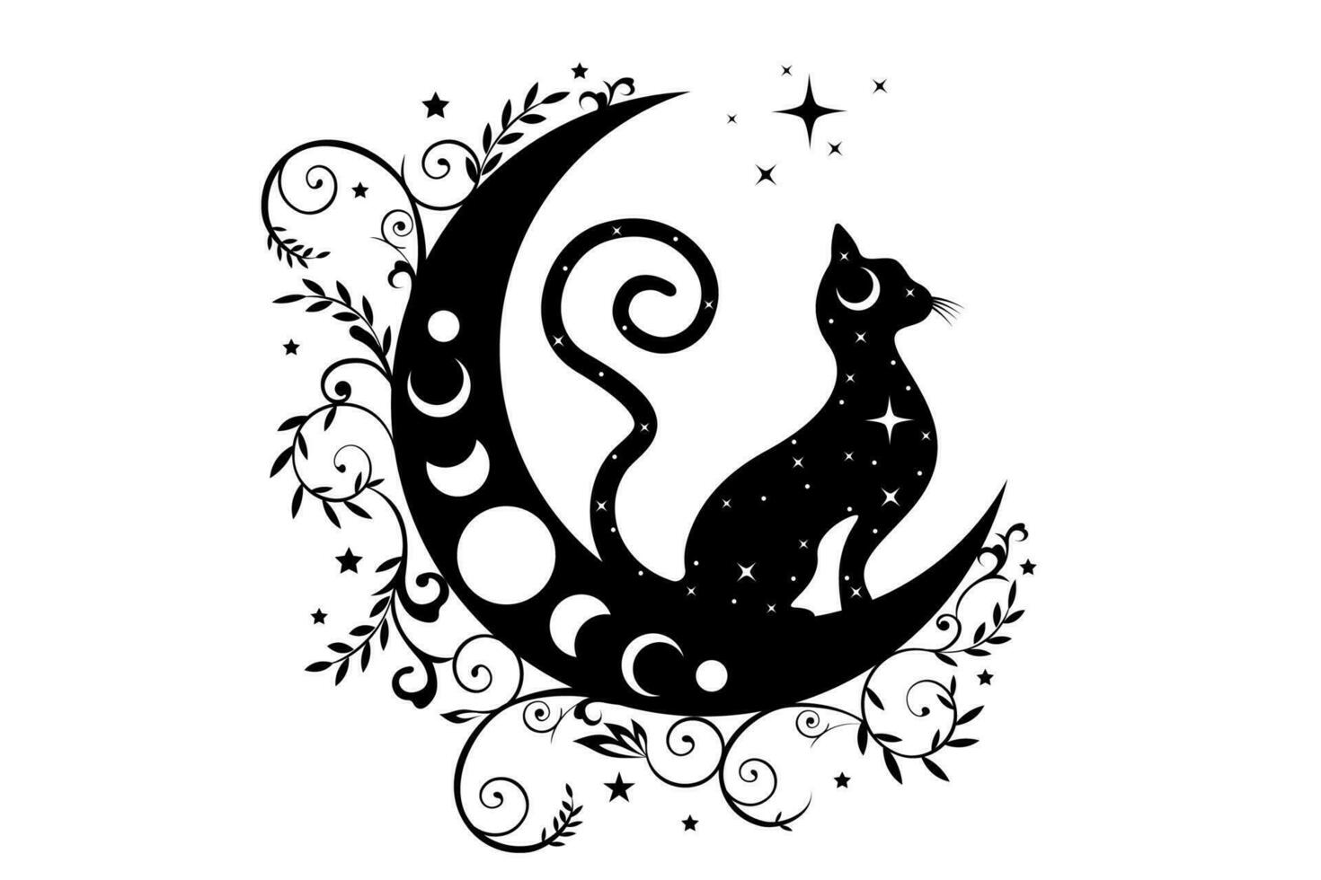 mystiek zwart kat over- hemel- halve maan maan en maan fasen, hekserij symbool, witchy esoterisch logo tatoeëren. vector esoterisch wicca clip art in boho stijl geïsoleerd Aan wit achtergrond