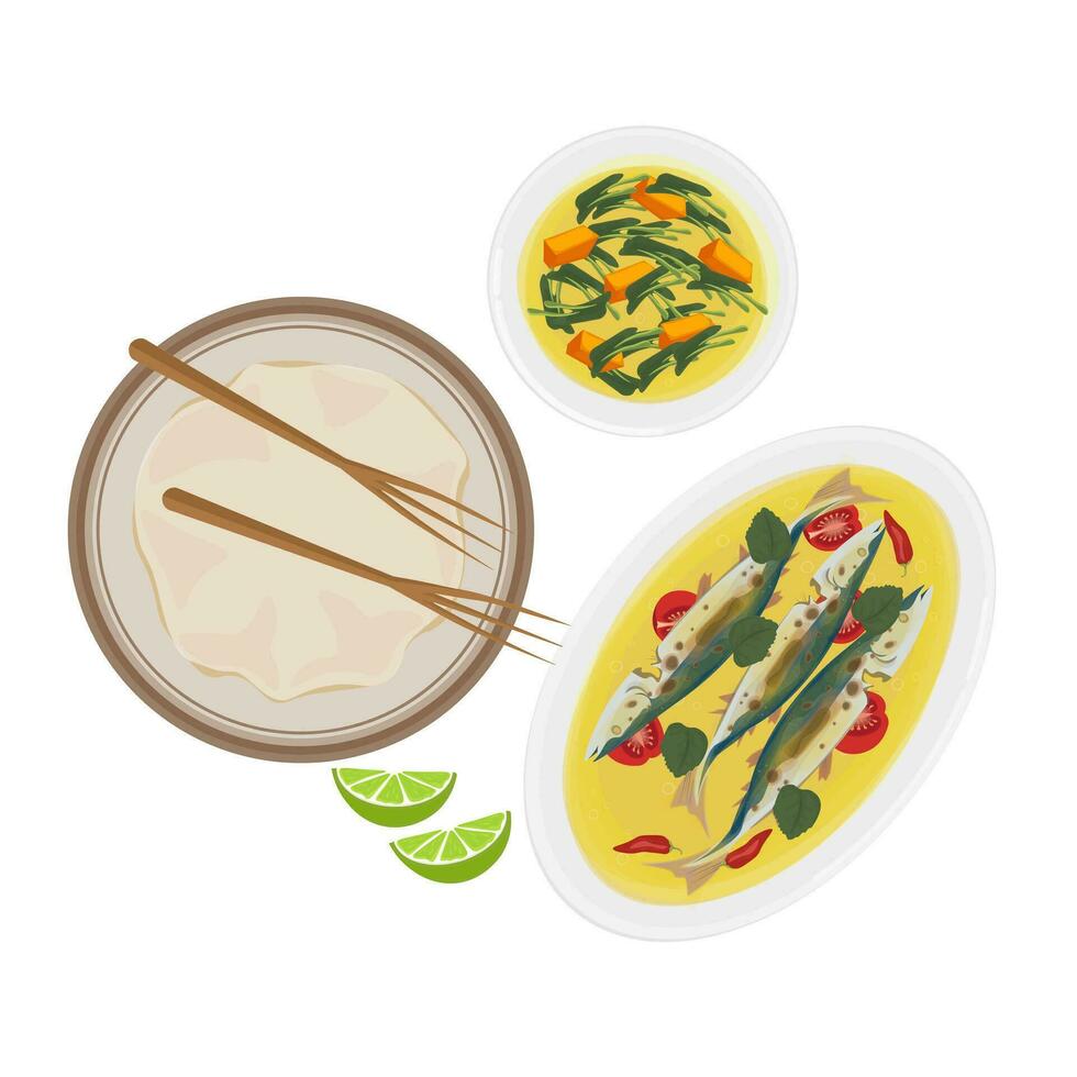 logo illustratie van papeda met kant gerechten van groenten en vis in geel saus vector