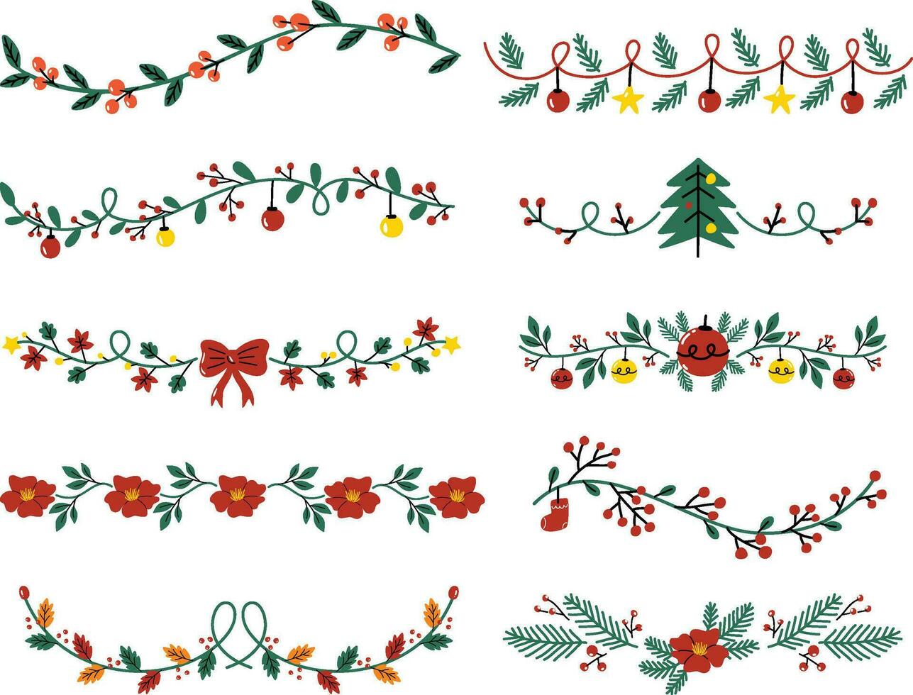 decoratief bloemen Kerstmis verdelers en borders met maretak bladeren, Spar takken en twijgen vector