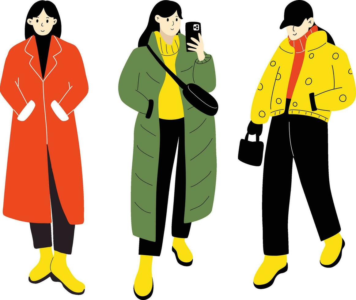 verschillend groep van modern Dames vervelend modieus winter kleren. gewoontjes elegant stad straat stijl mode outfits. hand- getrokken tekens kleurrijk vector illustratie.