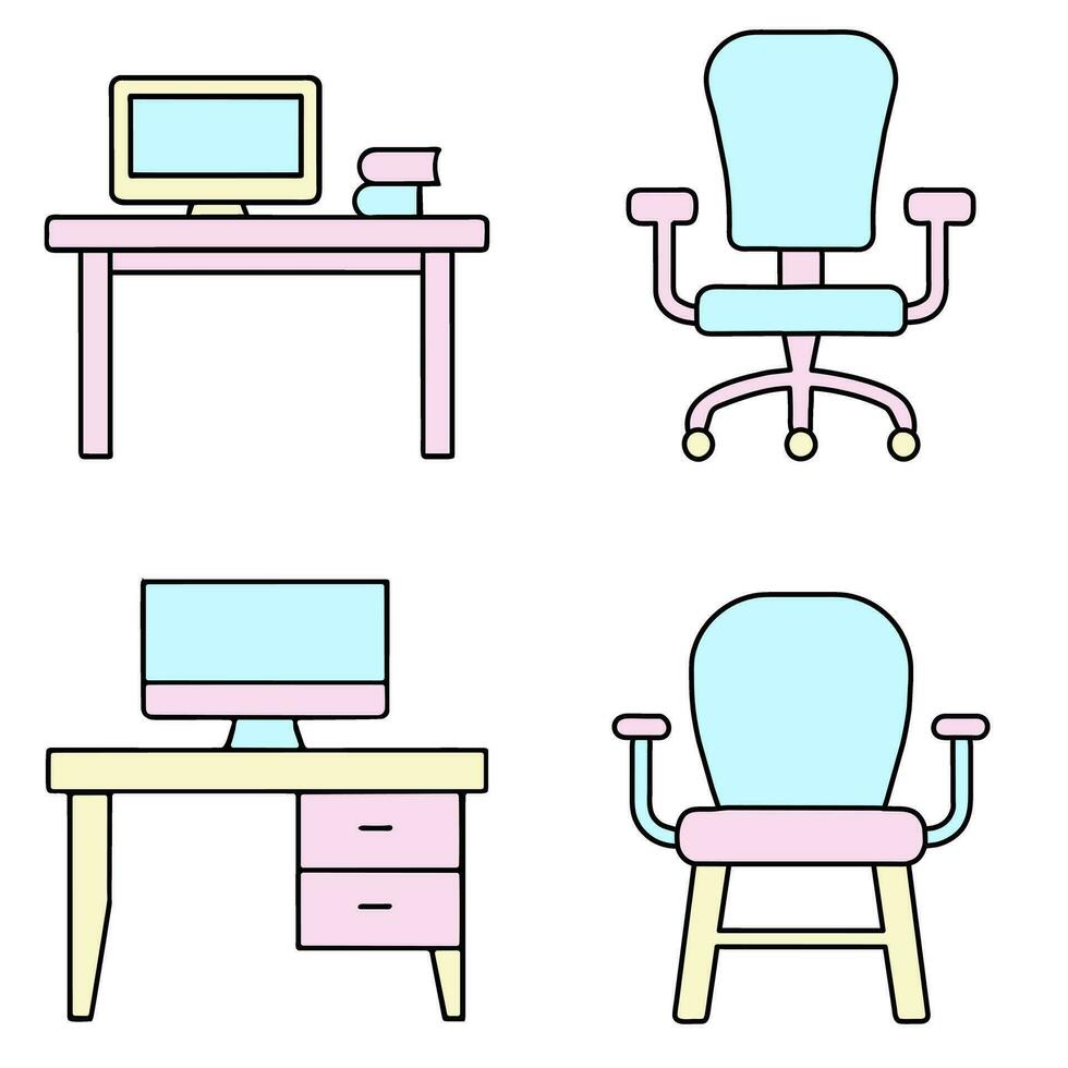 icoon reeks tafel bureau met computer stoel schattig pop huis meubilair kleuren vector