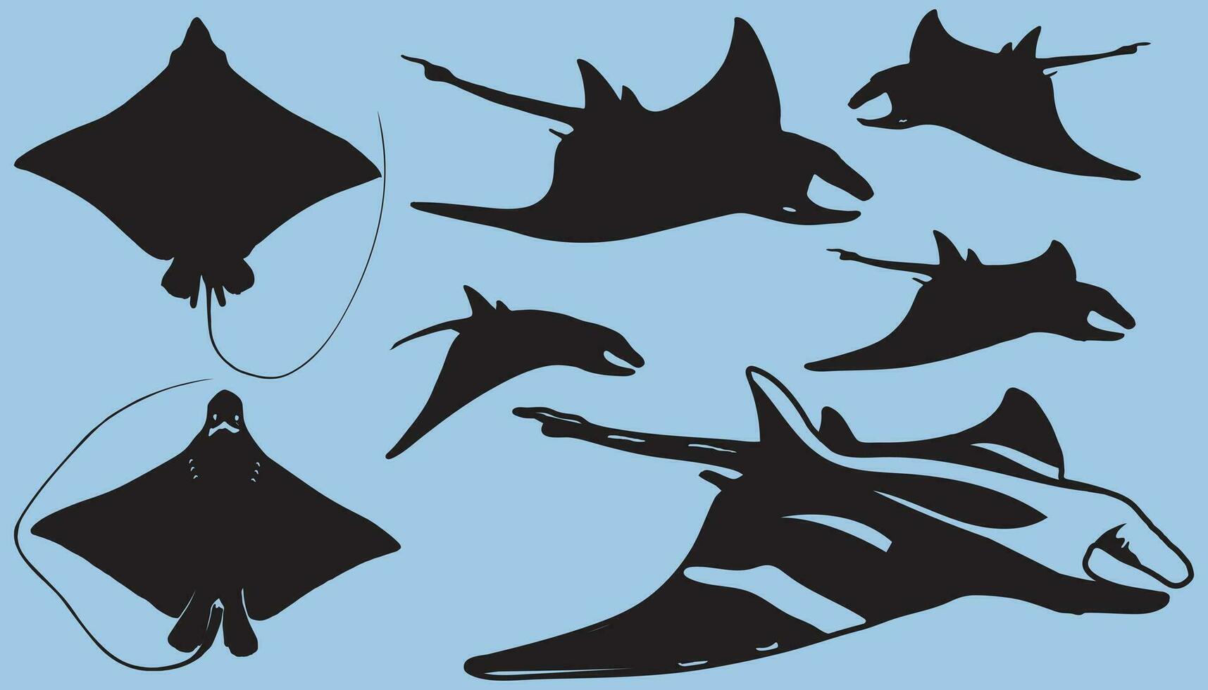 manta straal, adelaar stralen vis silhouet, vector dieren van zee en oceaan water zwemmen met golvend vinnen en staarten, duiken vleet, pijlstaartrog of adelaar straal vis silhouet, onderwater- dieren in het wild