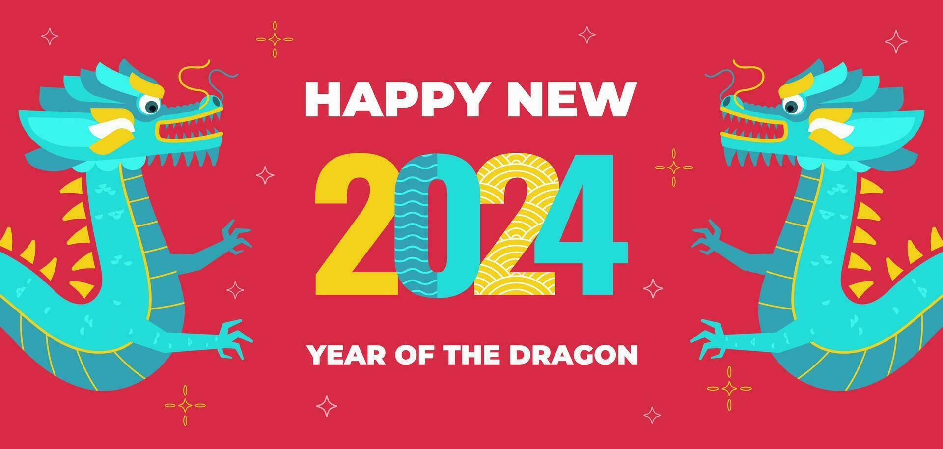 Chinese nieuw jaar banier met twee draken, maan- astrologie tekens, symbool van de 2024 jaar, oosters nieuw jaar viering poster in een vlak grafiek, vector illustratie.