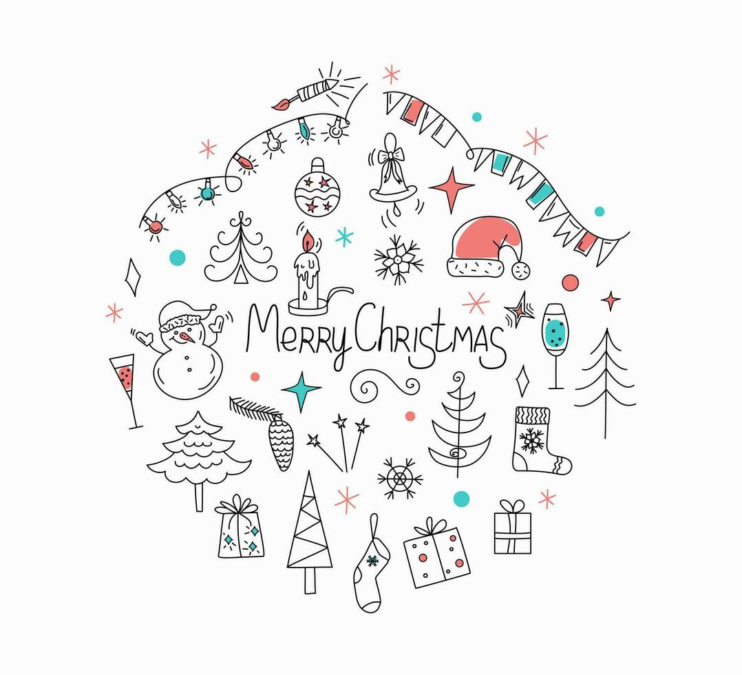 kerstmis, reeks van hand- getrokken winter pictogrammen. vector tekeningen voor de nieuw jaar. sneeuwman, warm gebreid kleren, slee, geschenken, vakantie decor. tekening stijl. achtergrond geïsoleerd.