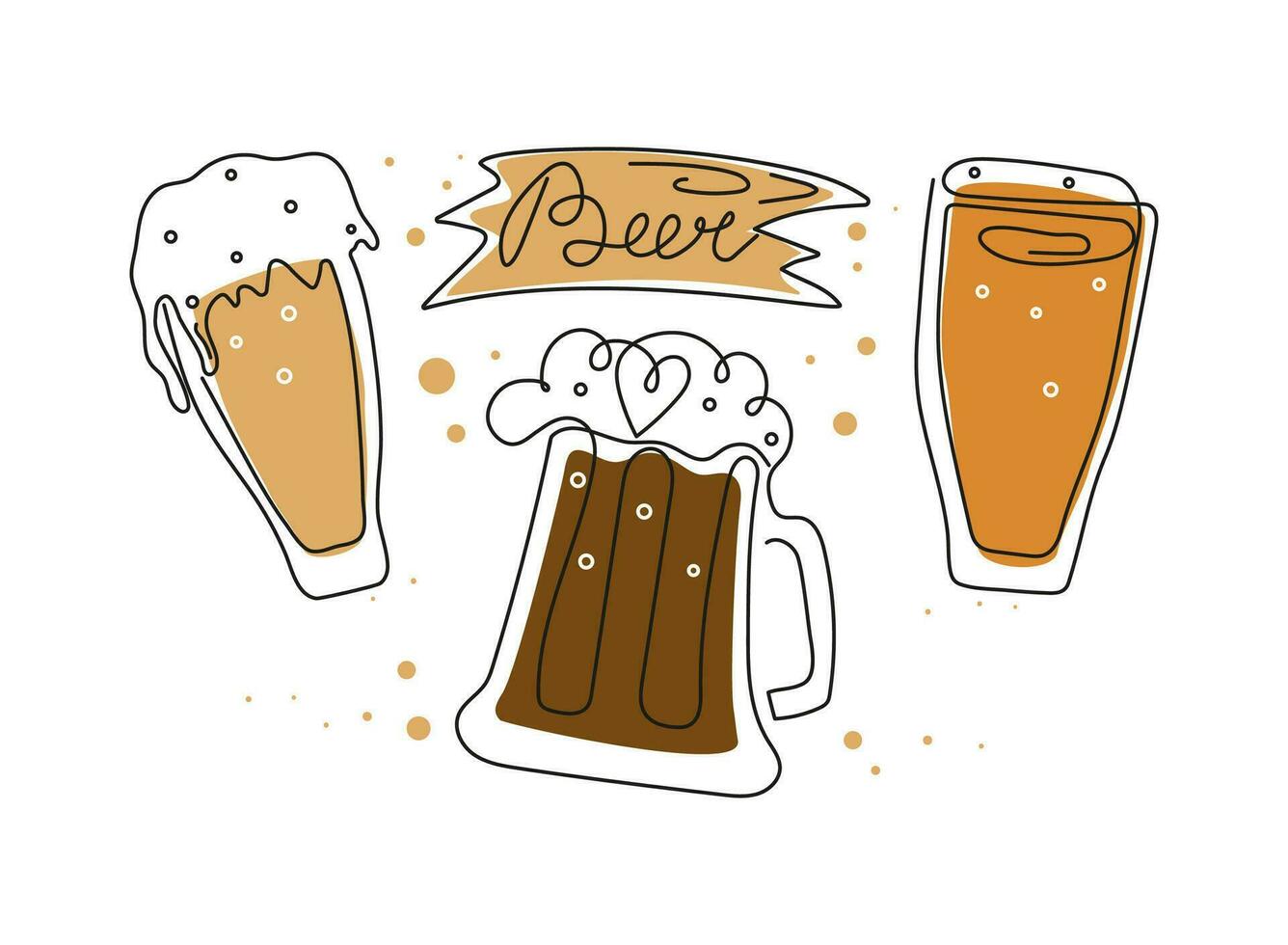 bier dag, festival, vakantie. reeks van bier mokken in lijn kunst stijl. houten teken met belettering. kalligrafie, schets tekening. oktoberfeest, oktober. vector illustratie, achtergrond geïsoleerd.