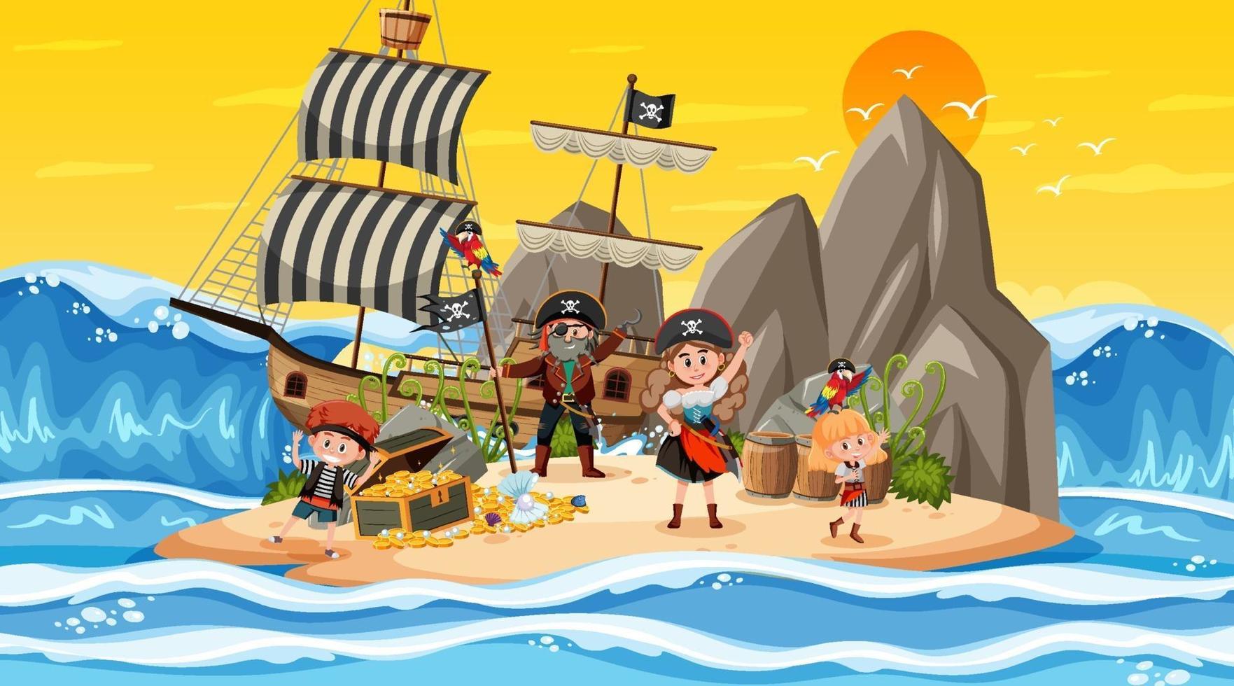 Treasure Island-scène in zonsondergangtijd met piratenkinderen vector