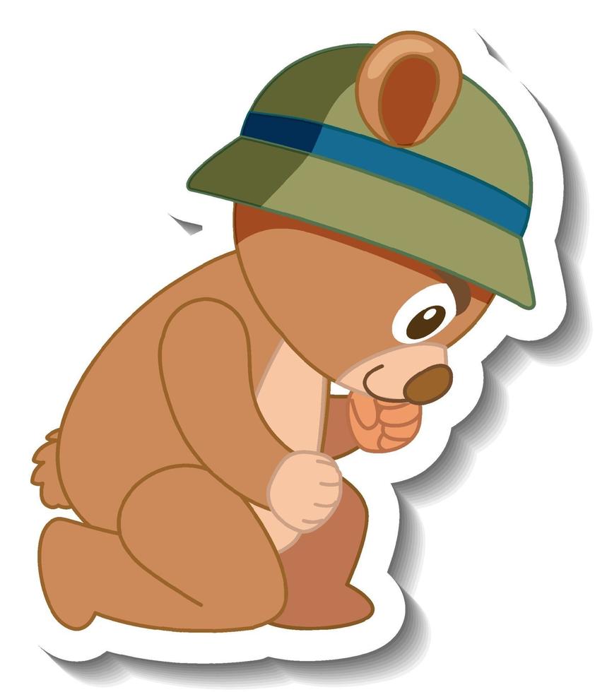 schattige beer cartoon met hoed sticker zijaanzicht vector