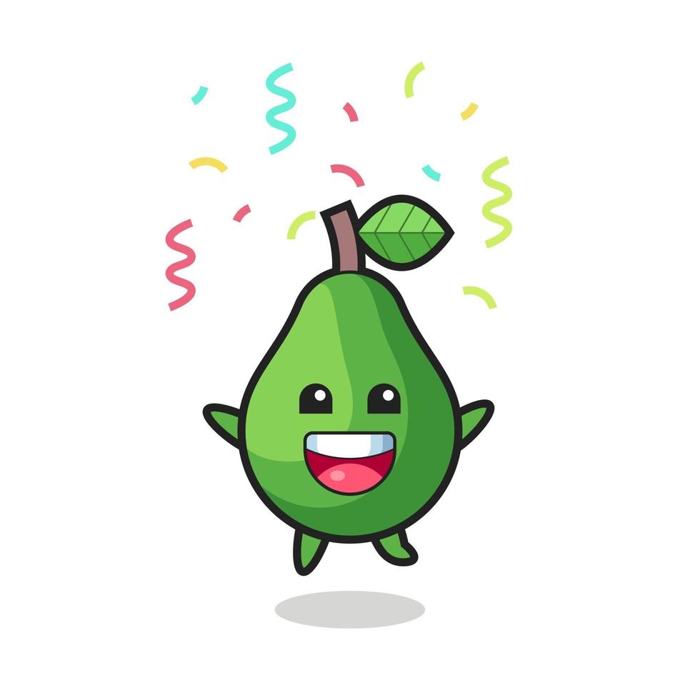 gelukkige avocado-mascotte springen voor felicitatie met gekleurde confetti vector