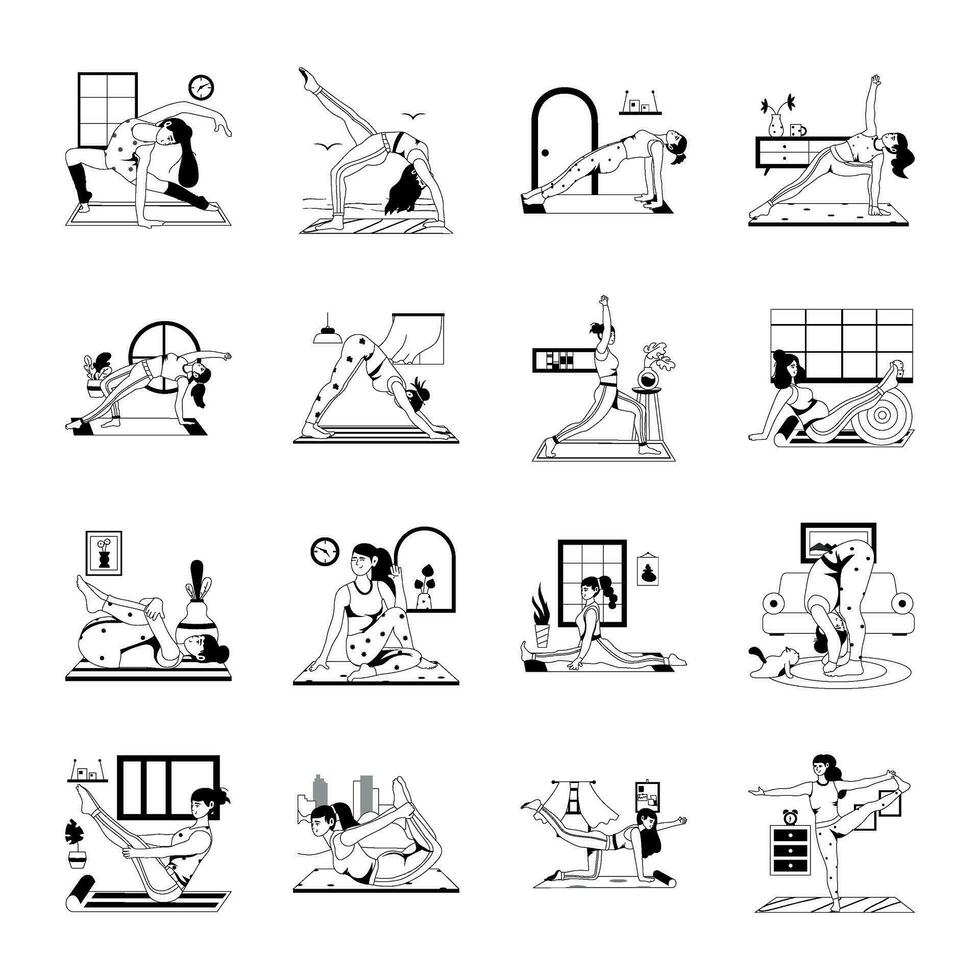 verzameling van yoga poses glyph illustraties vector