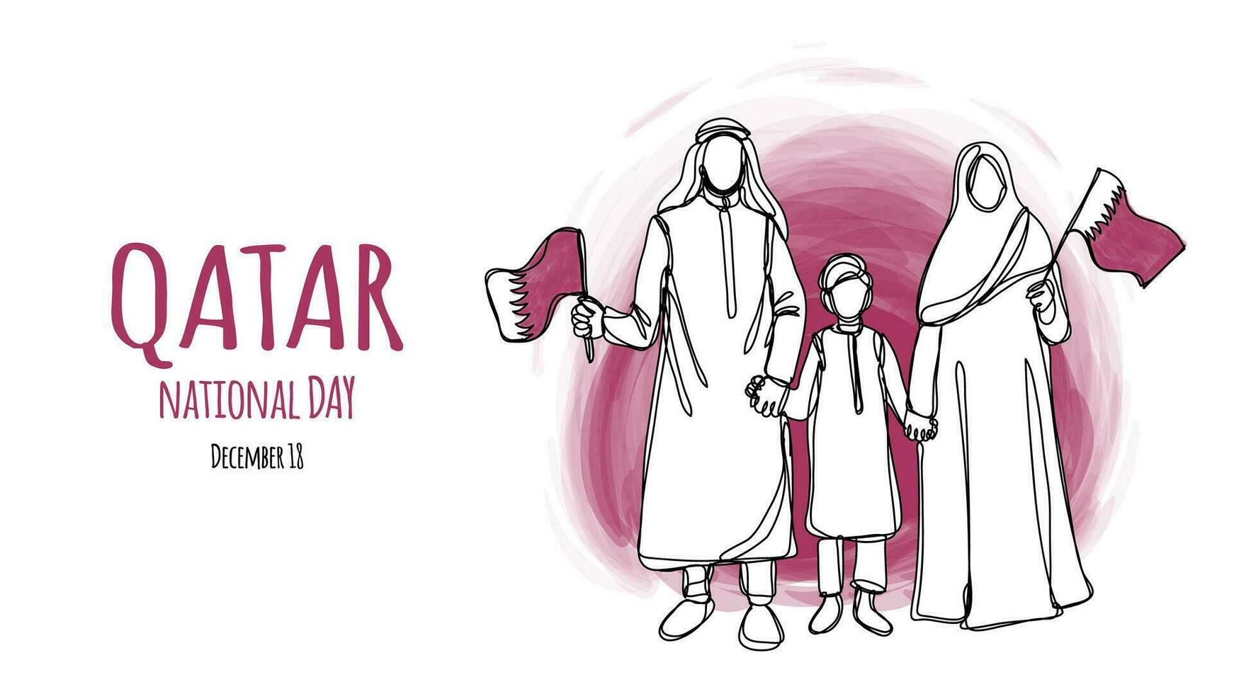 qatar nationaal dag banier met Arabisch familie Holding vlag een lijn waterverf stijl illustratie vector