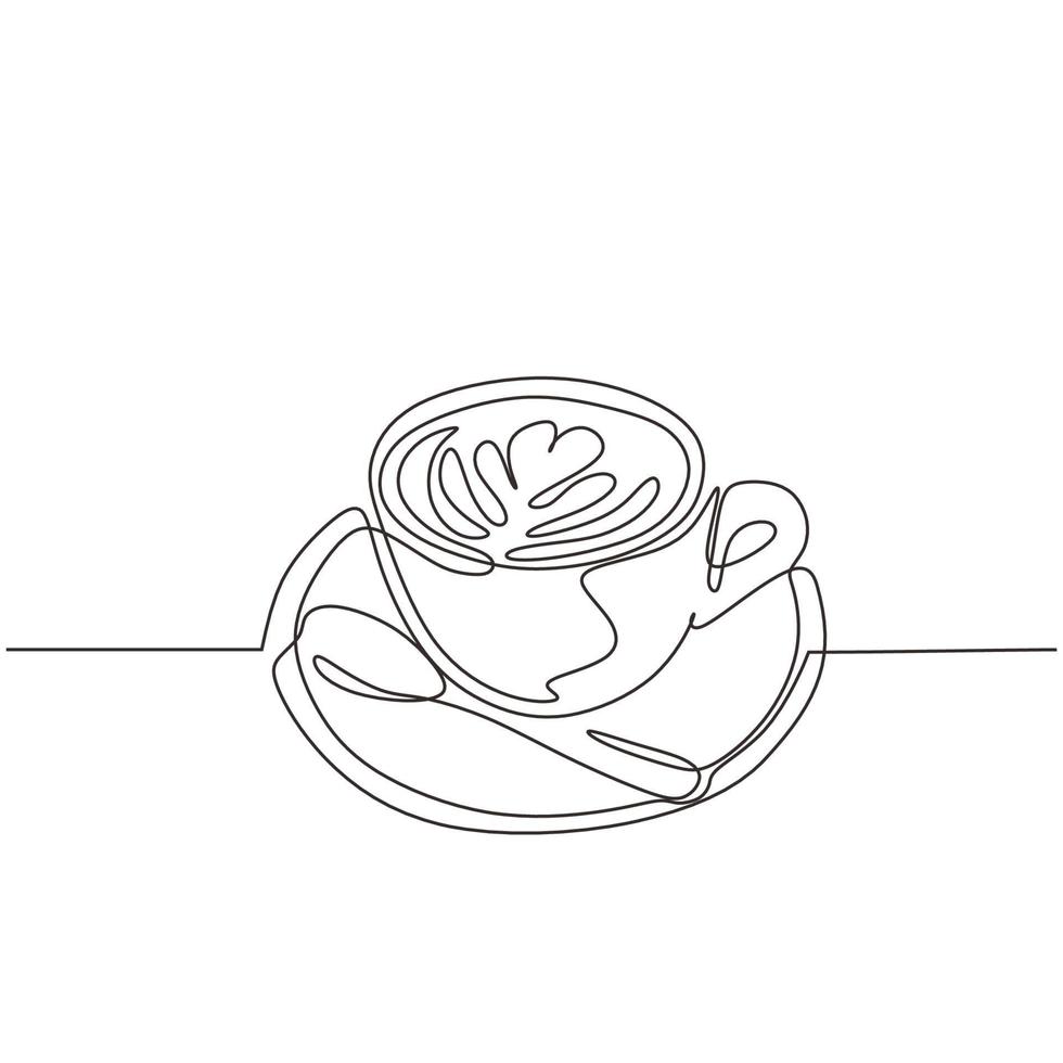 kopje koffie een lijntekening met bord en lepel. vector