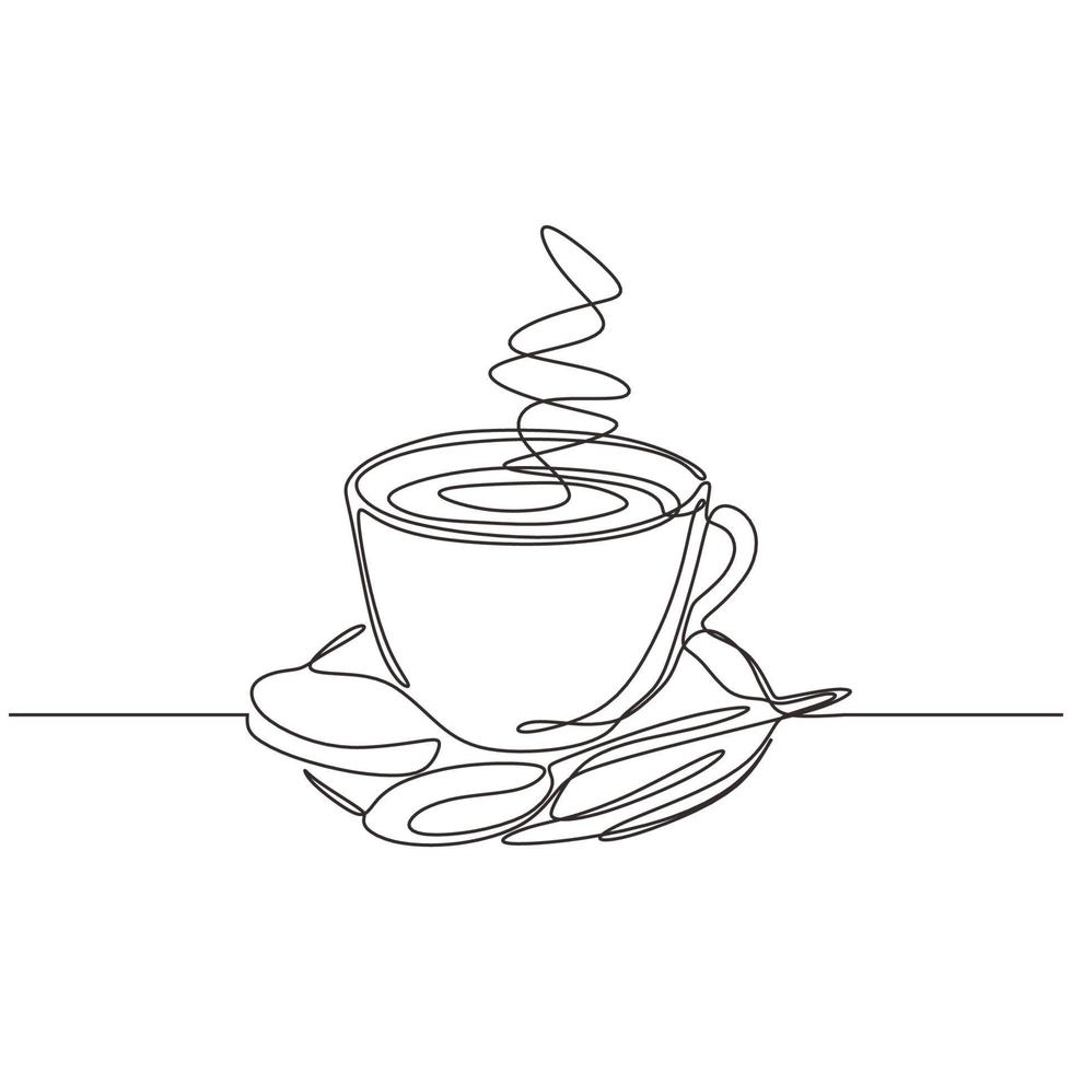 kopje koffie een lijntekening met bord en lepel. vector