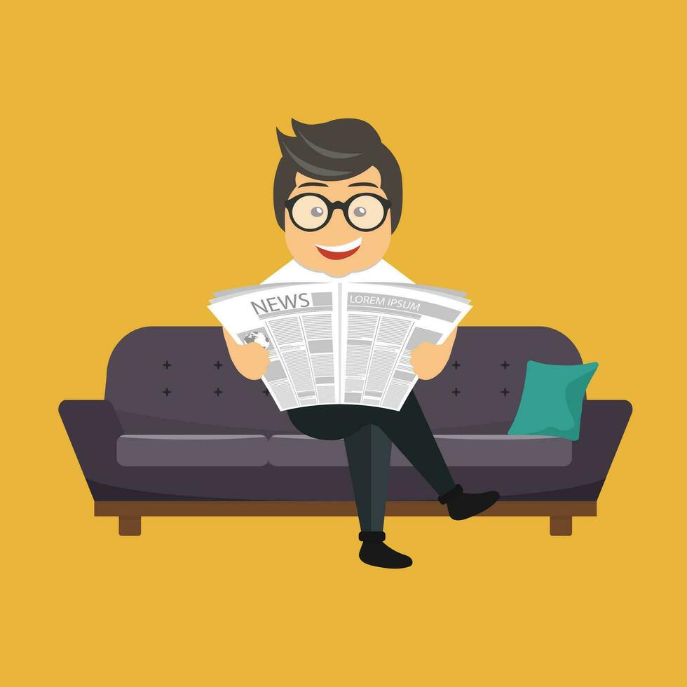 zakenman lezing een krant- Aan de sofa in een kamer of kantoor. vlak tekenfilm vector illustratie