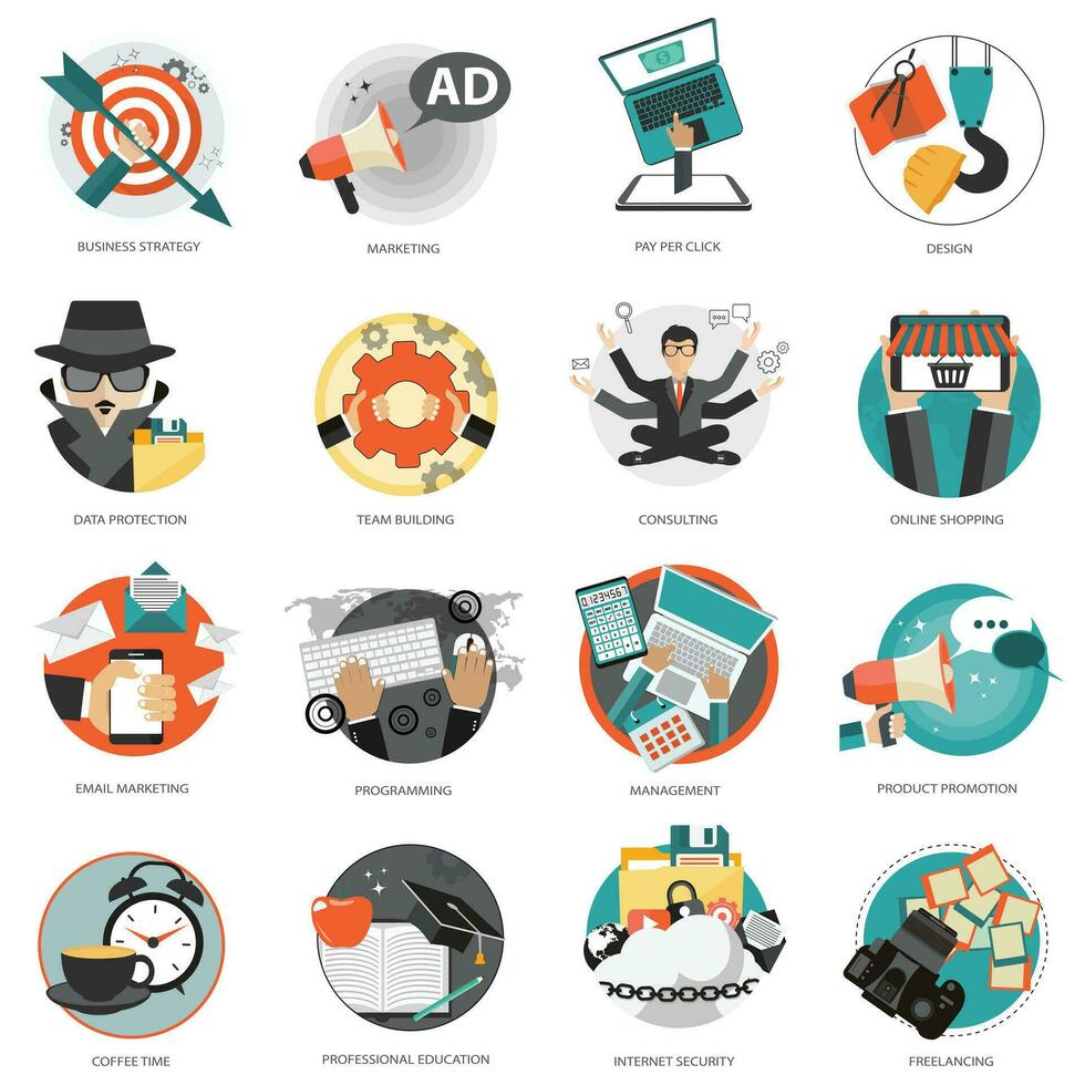 bedrijf en beheer icoon reeks voor website ontwikkeling en mobiel telefoon Diensten en apps. vlak vector illustratie.